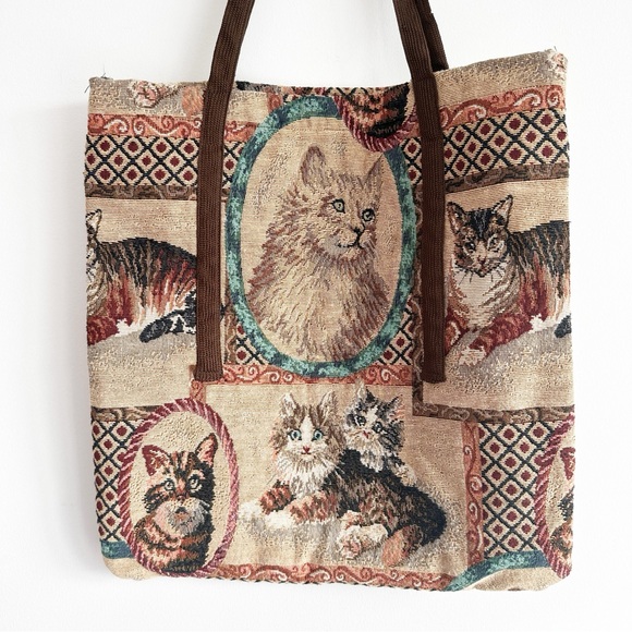 Cat Tapestry Tote Bag Brown Shoulder Purse - Picture 2 of 13